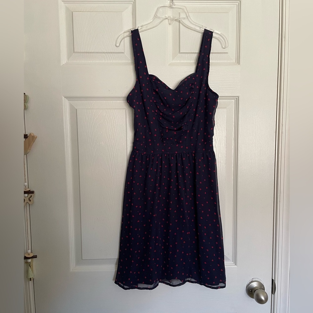 Delias size small Elegant Navy Blue and Red Heart Polka Dot Dress Valentines